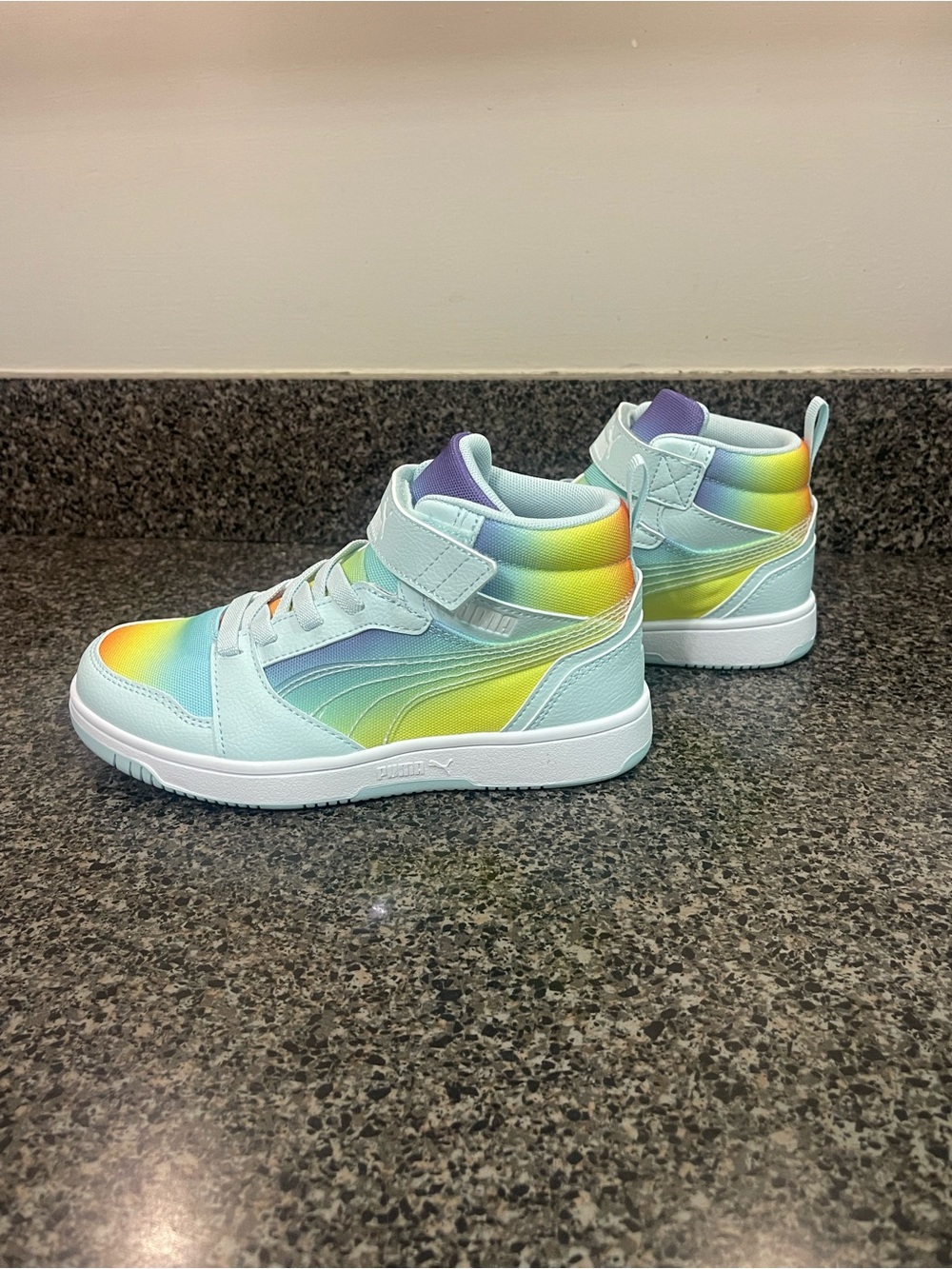 Puma Kids High-Top Sneakers in Pastel Rainbow (Mint, Yellow, Blue, Purple)